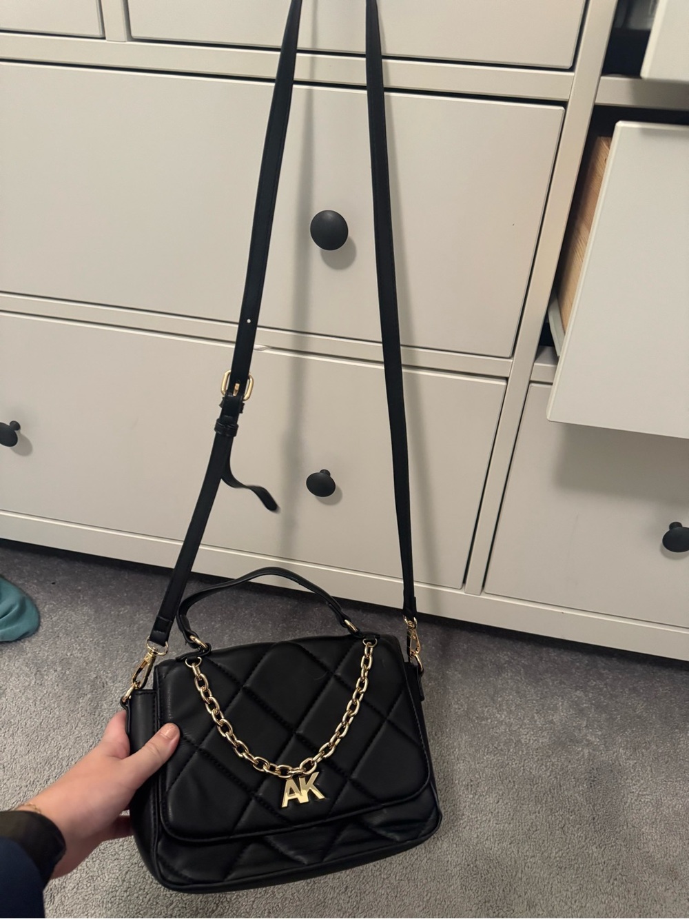 Anne Klein Black Quilted Shoulder Bag with Gold Chain and AK Charm